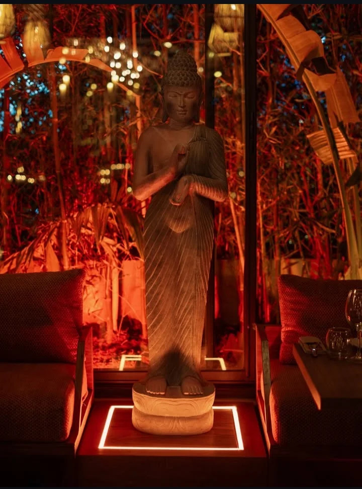 Statue de Bouddha dans le patio végétalisé, éclairage rouge